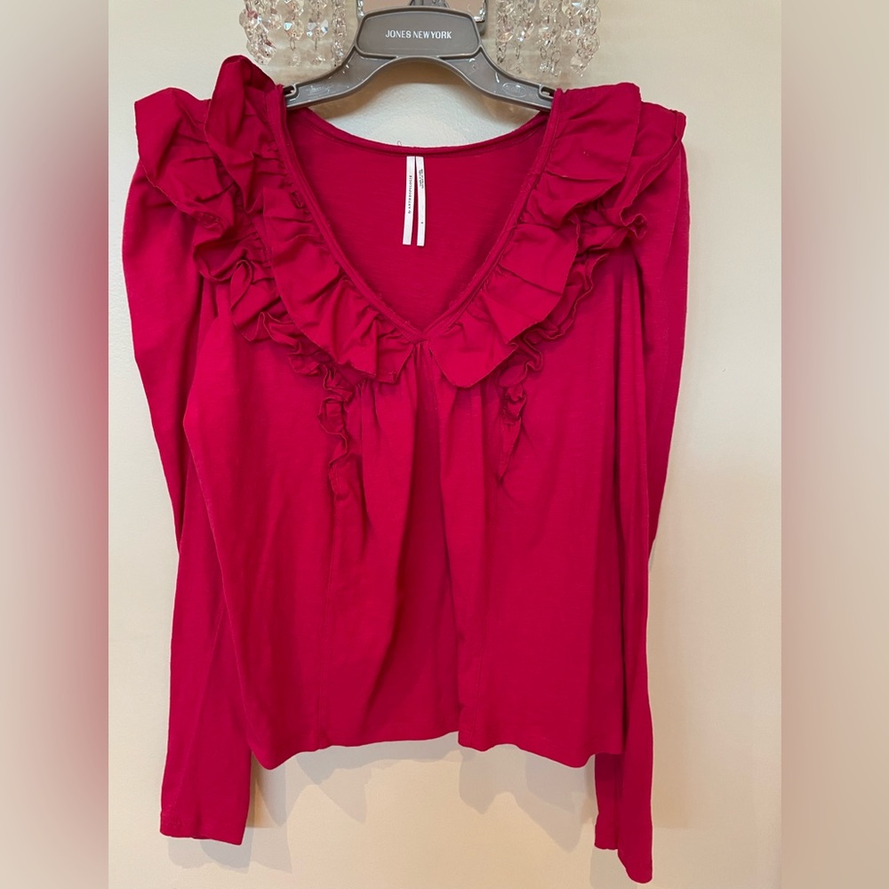 Anthropologie Hot Pink Ruffle V-Neck Long Sleeve Top